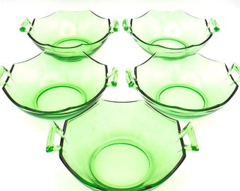 Vintage Green Scalloped Edge and Handled Dessert Bowls, Circa 1920-30's Depression Era, Made in USA