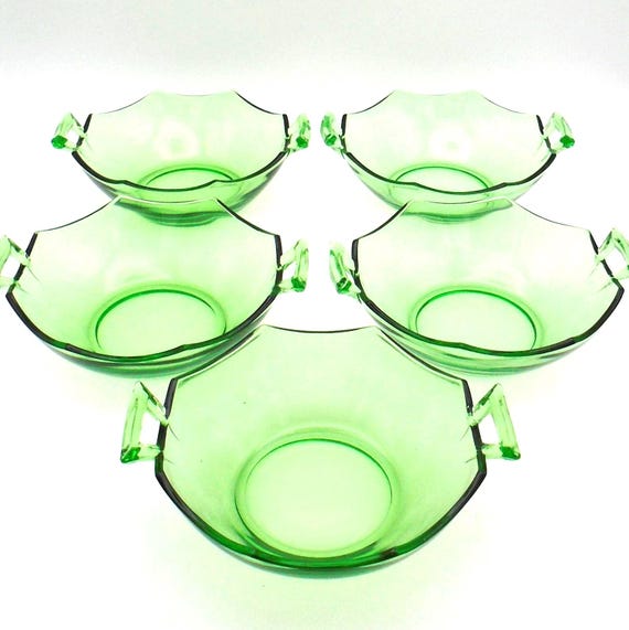 Vintage Green Scalloped Edge and Handled Dessert Bowls, Circa 1920-30's Depression Era, Made in USA