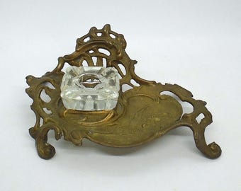 Vintage Victorian/Art Nouveau design Brass Inkwell and Glass Ink Jar