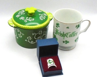 Vintage Shamrock Savings Irish Bundle: Irish Coffee Mug, Shamrock Thimble in Box and Temptations Shamrock Lidded Dish