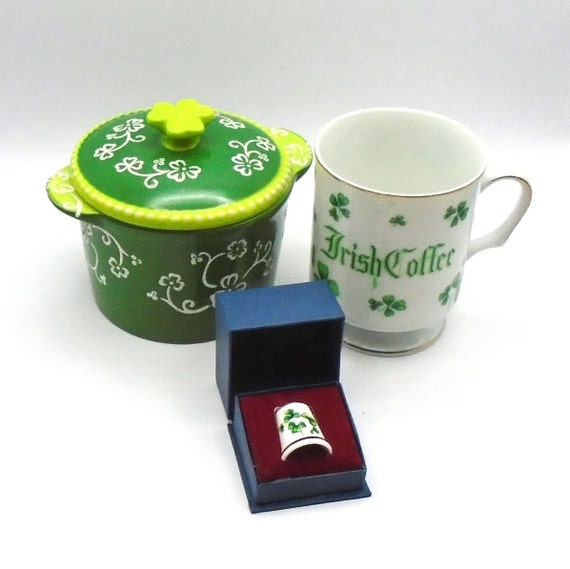 Vintage Lefton Shamrock Bundle: Irish Coffee Mug, Thimble & Temptations Crock
