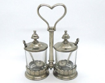 Vintage Pewter Condiment Caddy with 2 glass jars and spoons 1960's