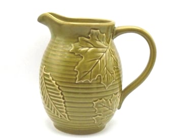 Vintage Large Olive Green Ceramic Pitcher, Oak Leaves Pattern, Ribbed Texture, 90 Ounce Capacity