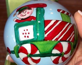 Li Bien 2012, Li Bien Elf Ornament, Li Bien 2012 Ornament, Li Bien Glass Hand Painted Elf Train Ornament, Li Bien 2012 Greetings