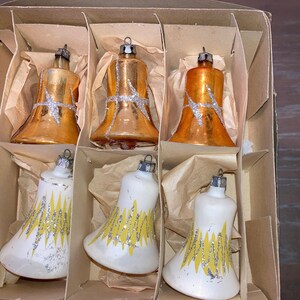 6 Vintage Poland Decorated Bells, Gold Glittered Bell Ornaments, White Gold Bells, Glittered Trimmed 3" Bell Ornaments, in the Box
