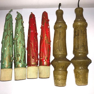 Vintage Christmas Candles, 6 Vintage Christmas Candles, 2 Artisan Made Green with Gold Drip Candles, Red Gold Drip Candles, Gold Antiqued