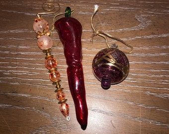 3 Studio Art Glass Ornaments, Glass Bead Ornament, Bohemian Glass Purple Gold Ornament, Red Glass Chili Pepper Ornament