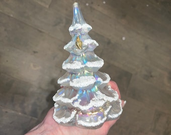 Fenton Iridescent Christmas Tree, Fenton Iridescent Tree with Partridge White Frost Glitter, Fenton Christmas 6 1/2&quot; Tree, Mint