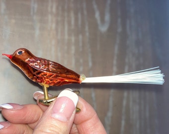 Vintage Clip on Bird Ornament, Blown Glass Bird Copper Ornament, Bird Metallic Glass Ornament, Orange Rust Mercury Clip on Bird, Mint