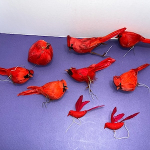 9 Vintage Spun Cotton Cardinal Bird Ornaments, Red Branch Wrap Birds Feather Wings, Wire feet Branch Wrap Bird Ornaments, Clip on Birds