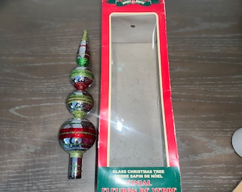 Shiny Brite Radko 13" Tree Topper, Radko Blown Glass Striped Tree Topper, Radko Finial Rainbow Glitter, Spire Tree Topper, New In Box