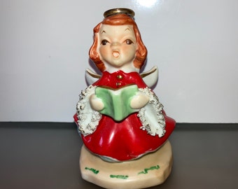 Vintage Japan Christmas Angel Figure, Mid Century Red Dress Christmas Figure, Japan Spaghetti Trim Angel, Japan Christmas Chior Angel
