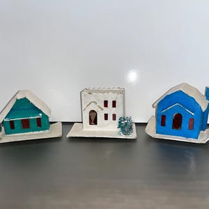 3 Vintage Putz Houses, Cardboard Mica Houses, Vintage Putz Houses made in Japan, Bottle Brush Tree, Putz Village House, Good