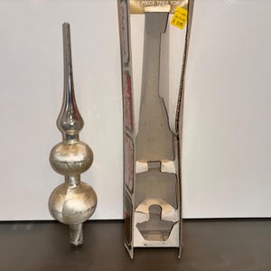 Vintage German Mercury Glass 13&quot; Tree Topper, West German Silver Gold Tree Topper, German Glass Spire Silver Gold Glitter Tree Top, in box