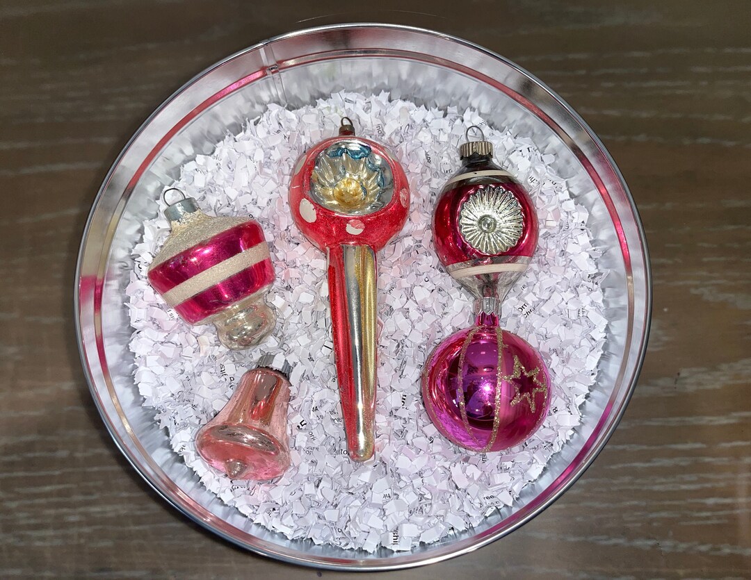 Vintage Pink Ornaments, Vintage Shiny Brite Top, Poland Indent Ornament