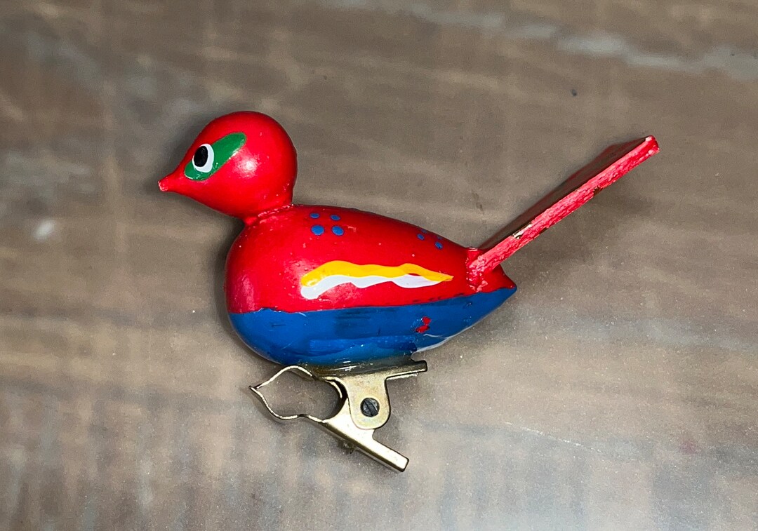 Vintage Wooden Clip on Bird Ornament, Red Clip on Bird, Mini Red Blue