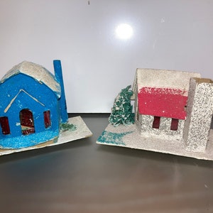 2 Vintage Putz Houses, Cardboard Mica Glitter Houses, Vintage Putz Houses made in Japan,  Putz Village Blue House, Pink Roof Putz House