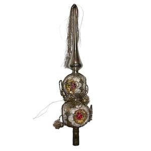 Vintage Triple Indent Tree Topper, 2 Ball Indent Spire Tree Topper, Wire Tinsel West German Tree Topper, 14&quot; Silver Pink Tree Topper, Box