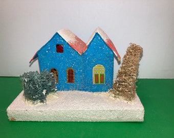 Vintage Large Putz House, White Cardboard Mica House, Christmas Village House made in Japan, Large Putz House Blue White Trim, Loofah Trees