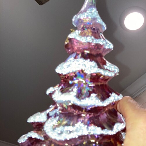 Fenton Iridescent Pink Christmas Tree, Vintage Fenton Iridescent Pink Tree White Snow, Fenton Pink Carnival Glass shops 6 1/2