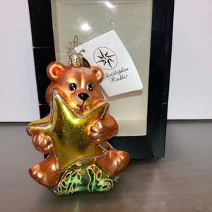 Radko Teddy Bear Ornament, Radko Blown Glass Teddy Starshine, Radko Teddy Bear with Star Ornament, Gold Teddy Bear Ornament, Radko in Box