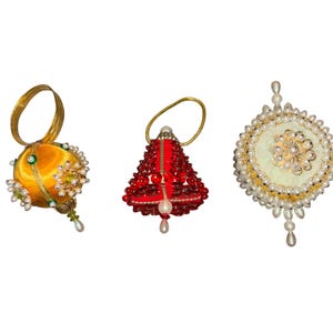 3 Vintage Push Pin Ornaments, Push Pin Sequin Handmade Ornament, Red Sequin Bell Ornament, Gold Sequin Spire Ornament, Pearl Cameo Ornament