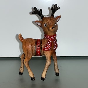 Vintage Christmas Reindeer Ornament, Brown Resin Reindeer Red Bow, Vintage 3 1/2&quot; Plastic Reindeer, Christmas Village Reindeer Ornament