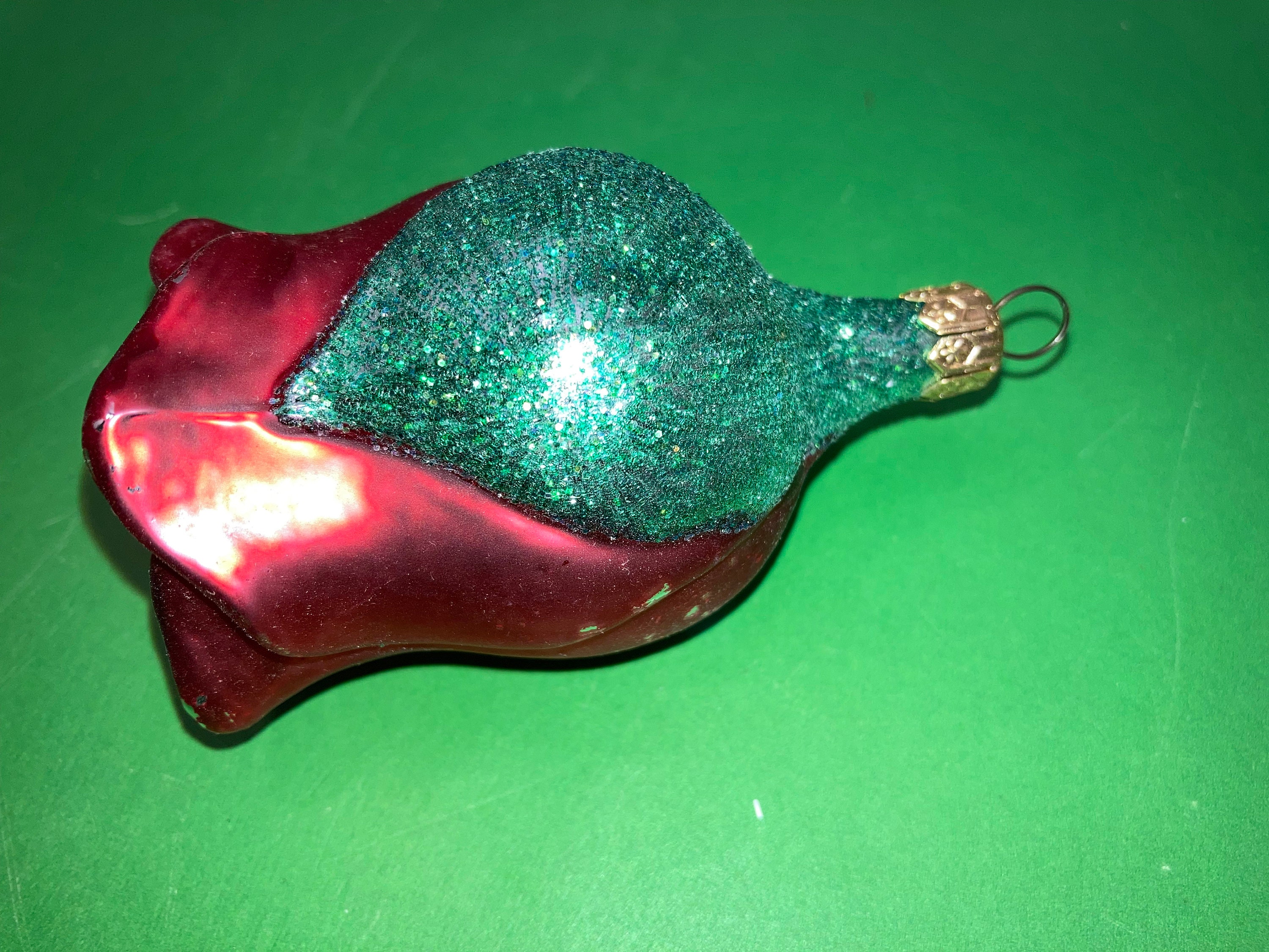 Vintage Glass Red Rose Ornament, Poland Blown Glass Red Rose Ornament, Iridescent Green Glittered Red Rose Bud Ornament, READ