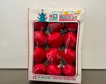 12 Vintage Lidco Satin Sheen Ornaments, Red Silk String Ornaments, Red Satin Ornaments, 2 1/4" Red Ornaments, Lidco Silk, Original Box