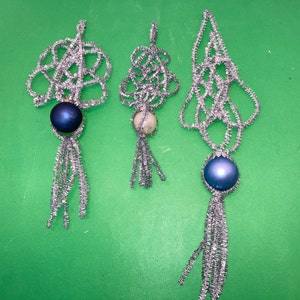 3 Vintage Silver Tinsel Snowflake Ornaments, Silver Tinsel Snowflake Blue Ornament Ball Ornaments, Handmade Silver Blue Tinsel Ornaments