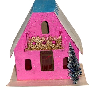 Vintage Pink Putz House, Pink Cardboard Mica Glitter House, Christmas Village House made in Japan, Pink Putz House Gold Balcony