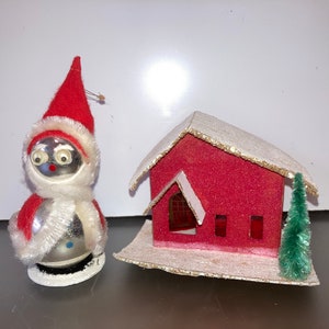 Vintage Red Putz House, Google Eyed Santa, Silver Ornament Ball Santa, Putz House, 1950 Putz Bottle Brush Tree, Red Putz House Mica Glitter