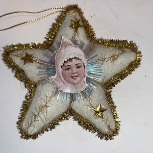 ornement vintage allemand, étoile ornementale avec photo, étoile en feutre de 4 po. avec ornement guirlande, ornement étoile dorée flocon de neige blanc