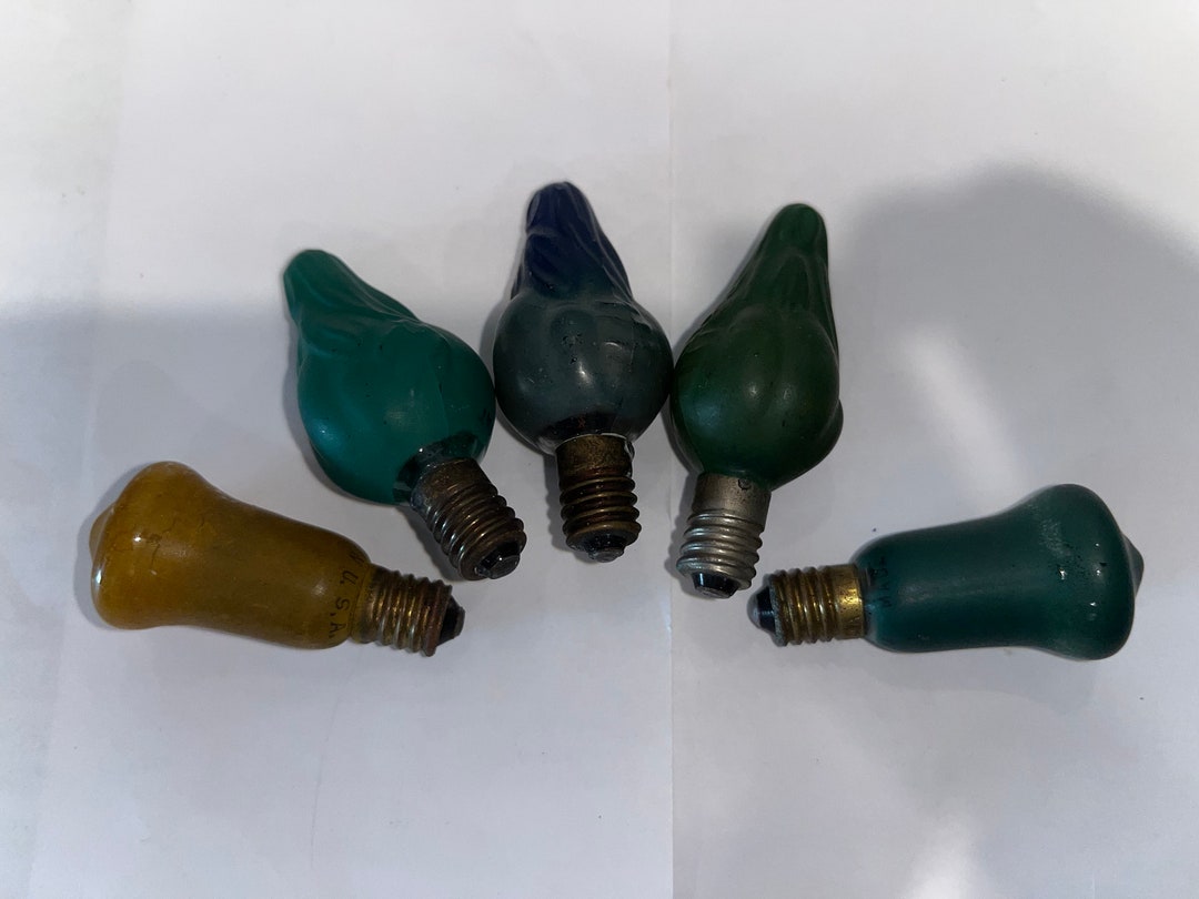 5 Antique Christmas Light Bulbs, 3 Flame Tip Light Bulbs, 2 Bell Light