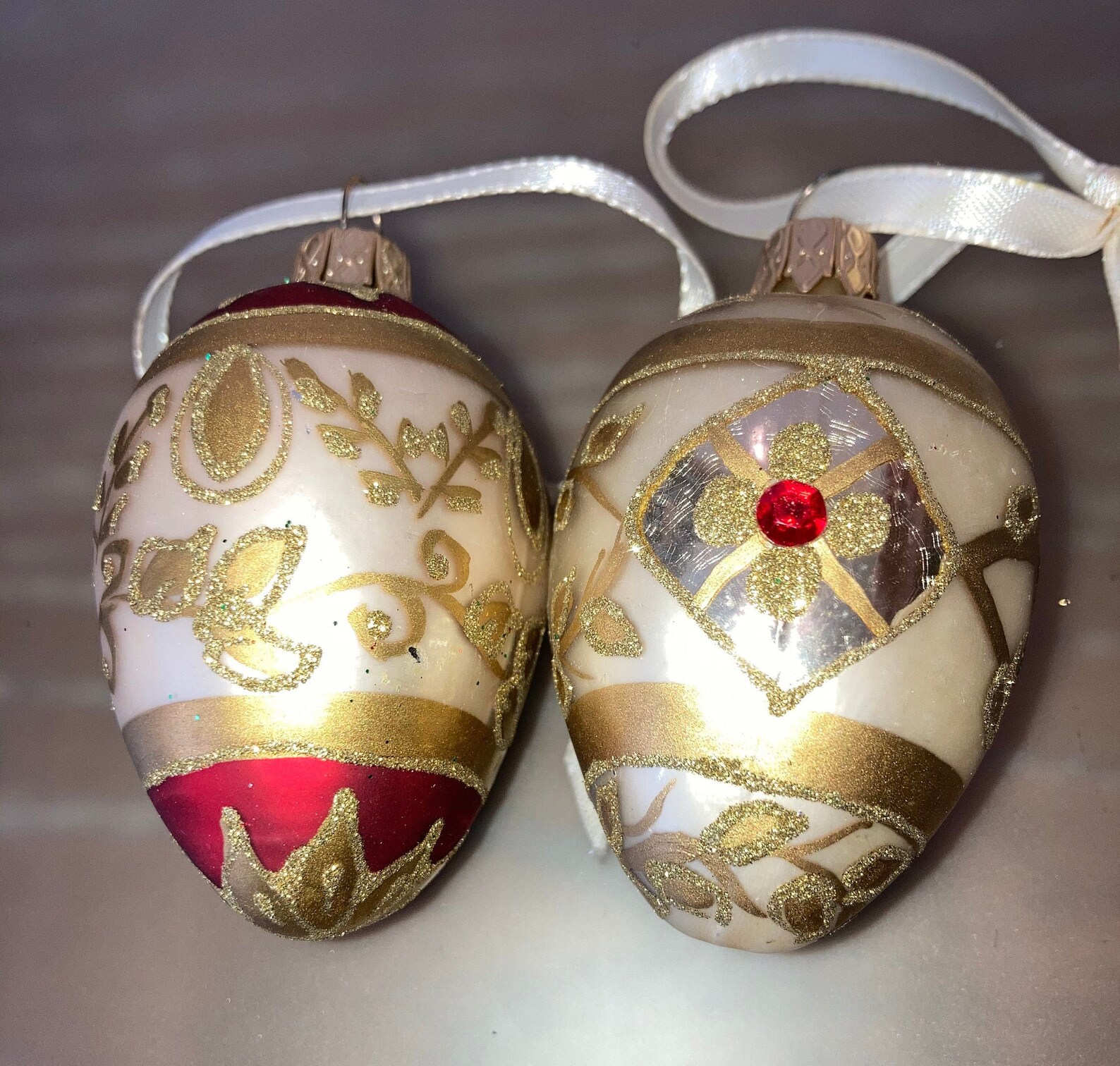 Pair of Gold Red Glass Ornaments Vintage Egg Shaped Etsy