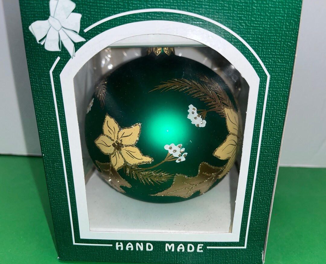 Vintage Poland Green Gold Ornament, Large Emerald Green Ornament