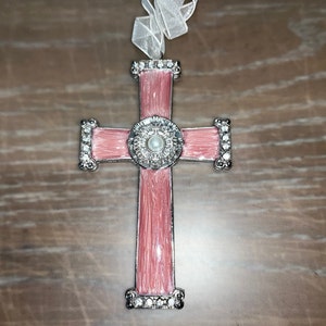 Vintage Pink Cross Ornament, Pink Enamel Jeweled Ornament, 5&quot; Cross Pink Pearl Ornaments, Cross Ornament, Mint