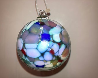 Art Glass Confetti Blown Glass Ornament, Handmade Art Glass Multi Color White Ornament, Art Glass Iridescent Ornament, Glass Ornament Ball