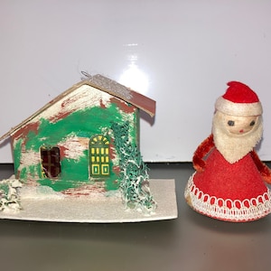 Casa Putz vintage, Papá Noel de algodón hilado, Papá Noel con cuerpo de cartón, Casa Putz japonesa, Lufa Putz de 1950, Casa Putz verde japonesa con purpurina de mica.