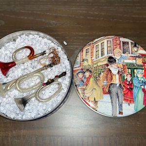 3 Antique Glass Horn Ornaments, Poland Horn Ornaments, 4&quot; Blown Glass Horns, Painted Glass Horn Ornaments, Antique Horns, in Christmas Tin