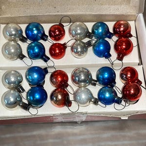 24 Mini Silver Glass Ornaments, 24 Pieces 3/8&quot; Red Glass Ornament Balls, Blue Mini Ornament balls, Mercury Ball, Shiny Brite Mini, in Box
