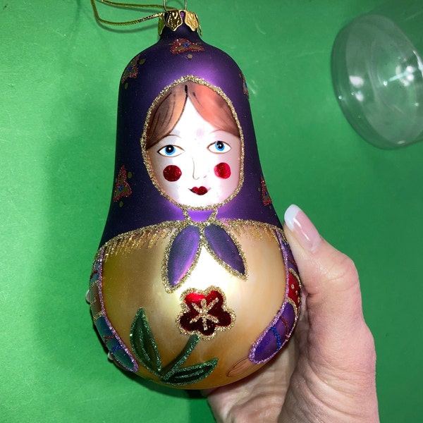 Vintage Russian Doll Ornament, Purple Gold Glass Russian Ornament, Pier 1 Glass Made Italy Ornament, Purple Gold Glittered Doll Ornament,Box