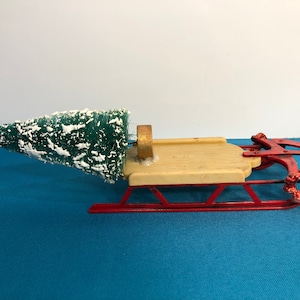 Vintage Christmas Sled with Tree, Christmas Tree Sled, 7&quot; Plastic Christmas Sled, Christmas Sled Vintage Bottle Brush Tree, Sled Ornament