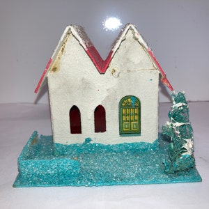 Vintage Putz House, White Blue Cardboard Mica House, Christmas Village House made in Japan, Large Putz House Blue White Trim, Loofah Trees