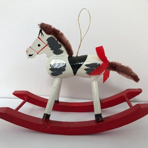 Vintage Rocking Horse Ornamrnt, Wooden Rocking Horse Ornament, Black White Painted Rocking Horse Ornament, Fur Mane and Tail Rocking Horse