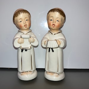pair of Vintage Singing Monks, Musical Monk Figures Japan, Porcelain Monks in Robes Singing, Monk Figures Japan, 4 1/2&quot; Singing Monks