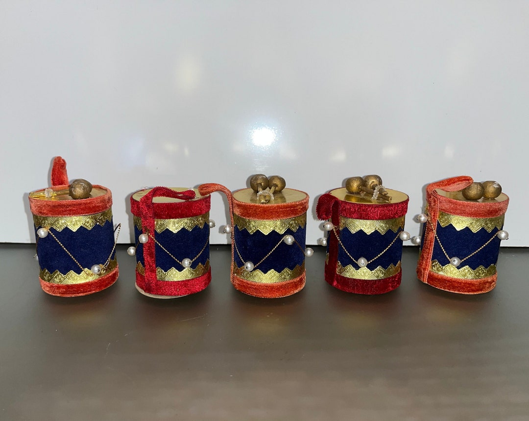 5 Handmade Drum Ornaments, Vintage Felt Blue Drum Ornament, Handmade