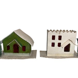 2 Vintage Japan Putz Houses, Vintage Japan White Putz House, Vintage Japan Green Putz House, Good Condition Putz Houses