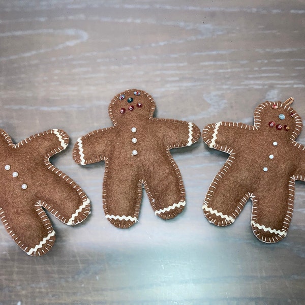 3 Vintage Handmade Felt Ornaments, Padded Felt Gingerbread Man Ornaments, Felt Tree Ornament, Hand Stitched Ornament, Felt Cookie Lot