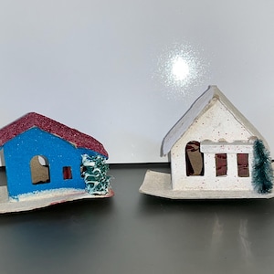 2 Vintage Putz Houses, Cardboard Mica Houses, Vintage Putz Houses made in Japan, Putz White House, Putz Loofah Tree, Red Mica Glitter